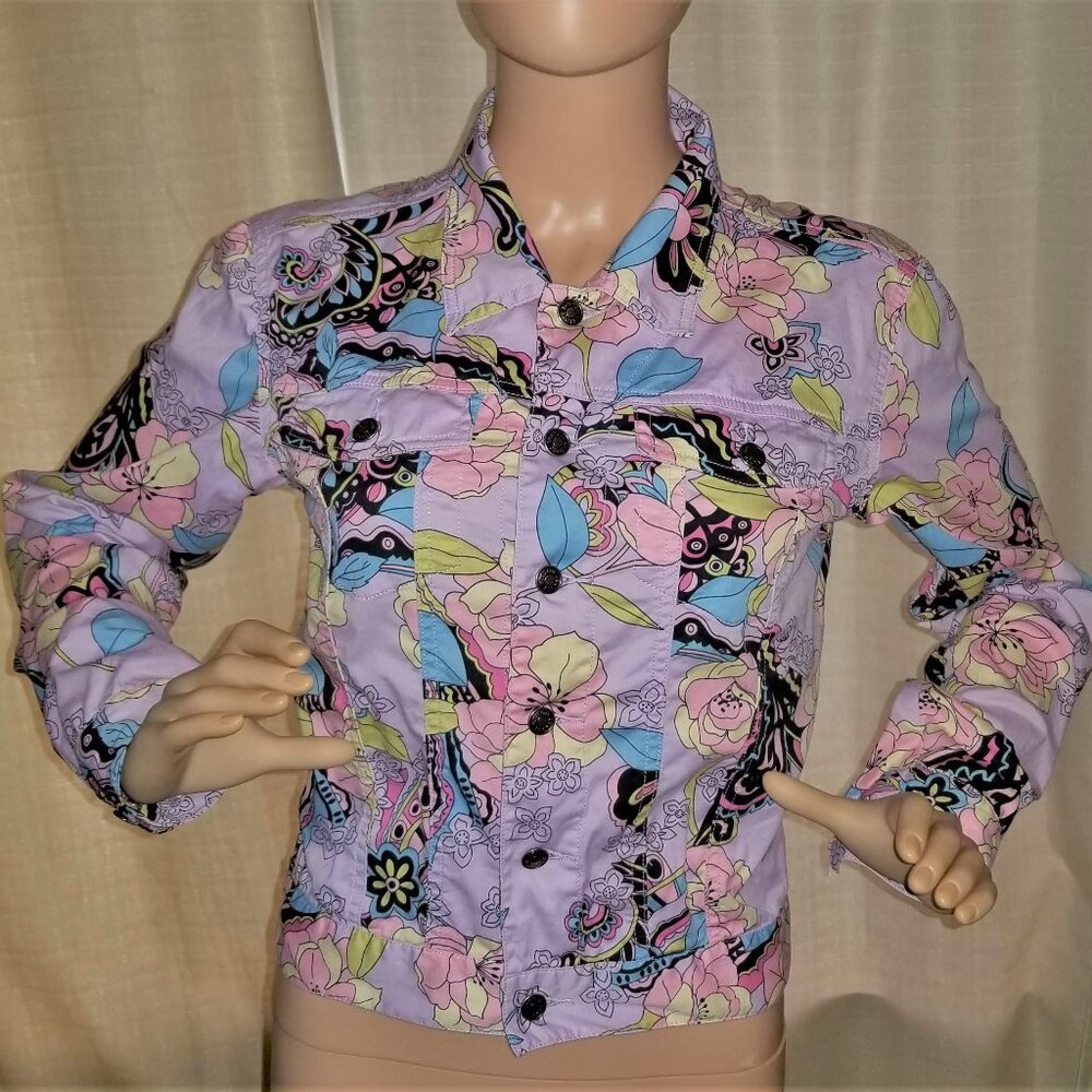 Purple Floral Twill Trucker Jacket Lightweight by Boston Proper Size 4